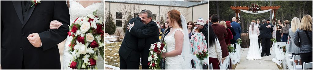 Brides father gives her away at her winter wedding with Christmas inspiration
