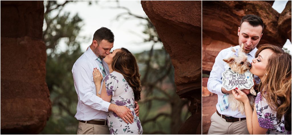 High school sweethearts kissing at Garden of the Gods with their Yorkie