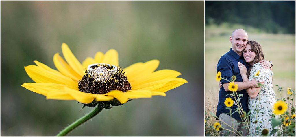 Up close image of Rachaels engagement ring sitting on a sunflower in summer time near Denver, Colorado
