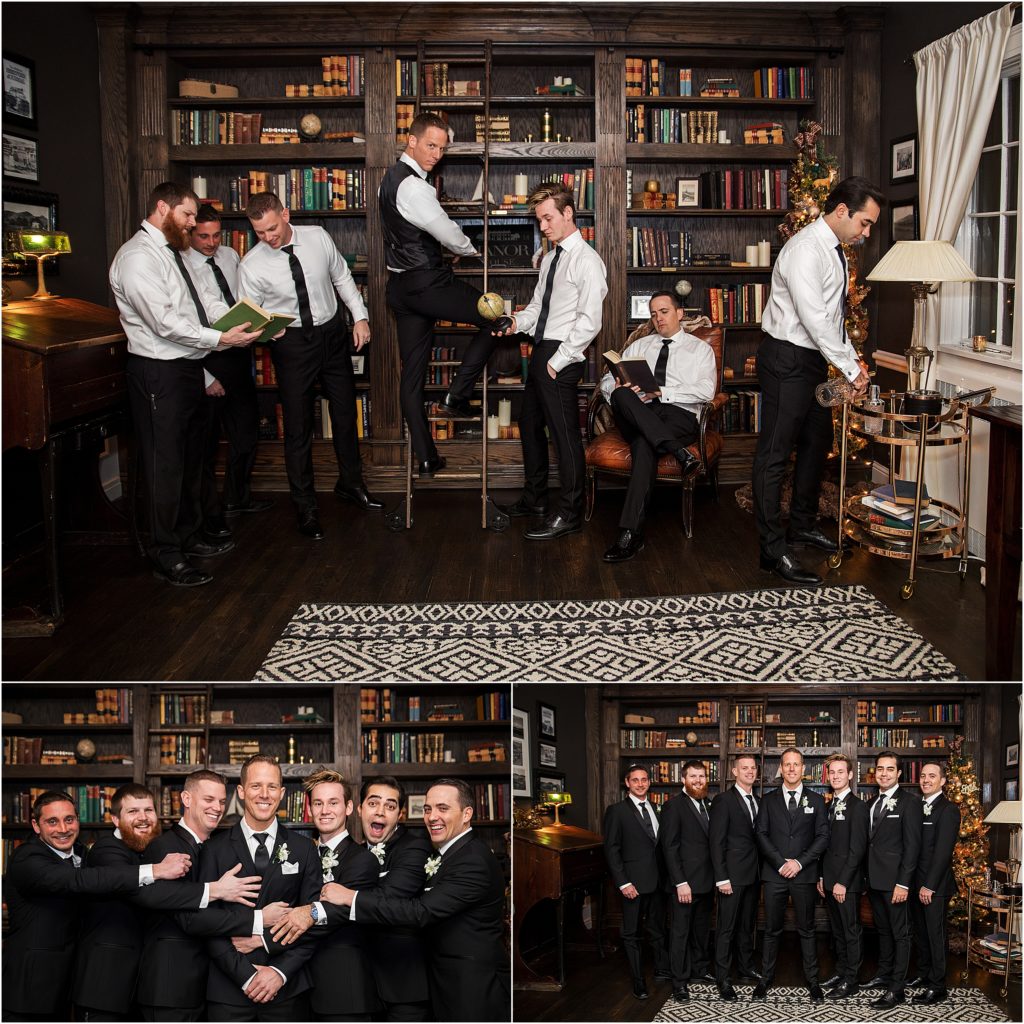 Groom and groomsmen dressed in black suite and black ties in the library at The Manor House in Denver, Colorado