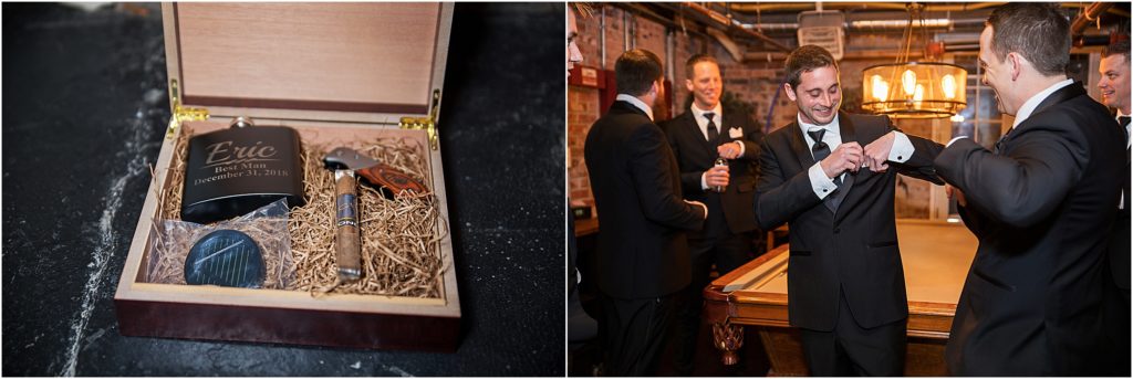 gift from the groom to the groomsmen, a cigar box with a cigar, pocket knife, and flask