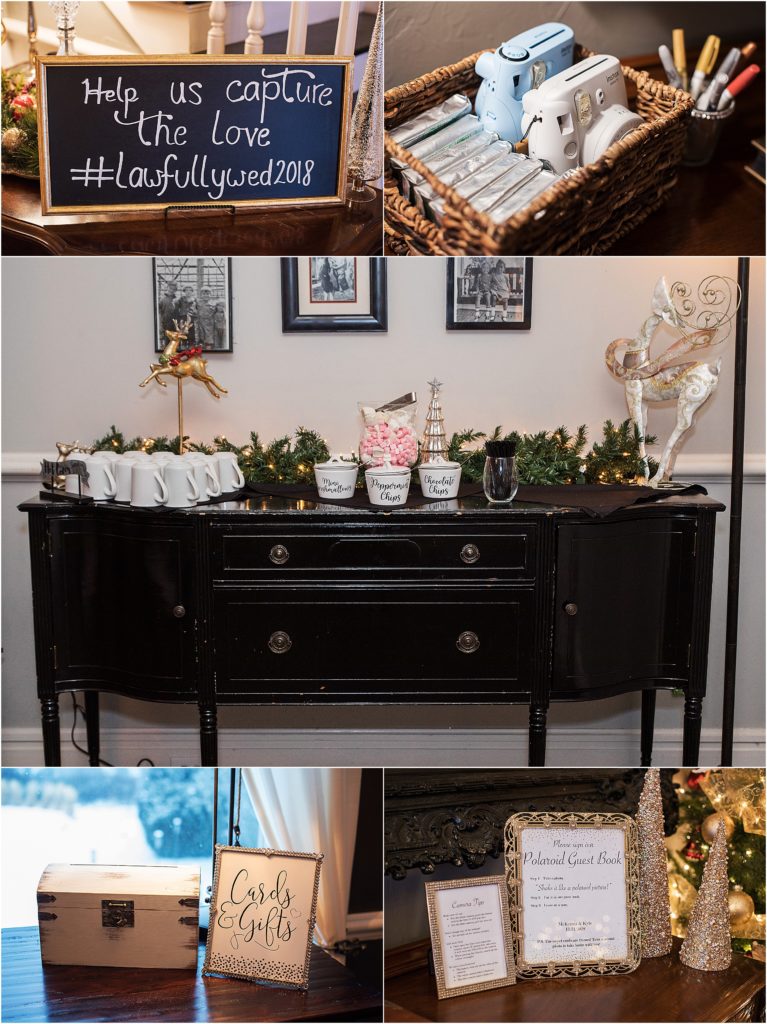 New Years Eve wedding details, polaroid camera guestbook, and hot cocoa bar