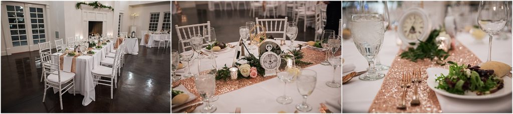 Table reception details of rose gold runners, roses, and clocks as the guests all count down to midnight on New Years Eve