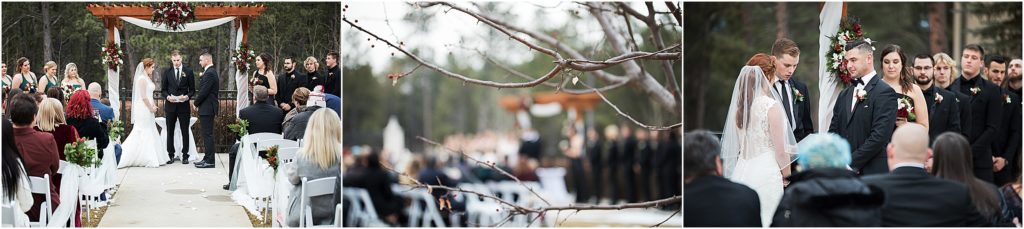 Bride and Groom at their outdoor winter wedding ceremony in Black Forest, Colorado during the holiday season