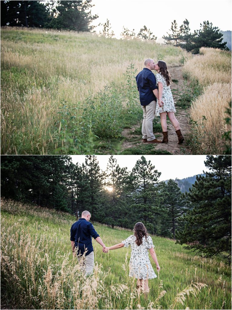 Engaged couple walk in a field near Denver for their engagement photography session
