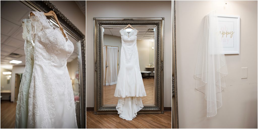Cassidy's dress hangs on a huge mirror in the bridal room at Wedgewood in Black Forest