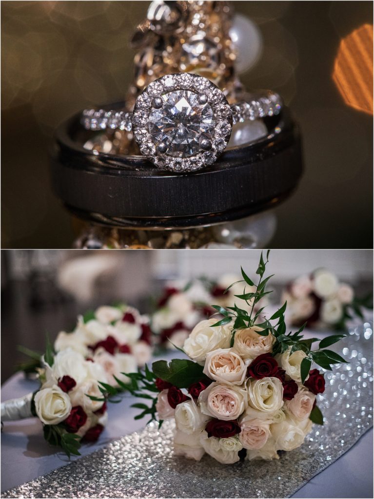 Detail images of the brides bouquet with red roses and light pink roses and white roses, stunning image of the brides diamond wedding ring and the grooms titanium wedding band