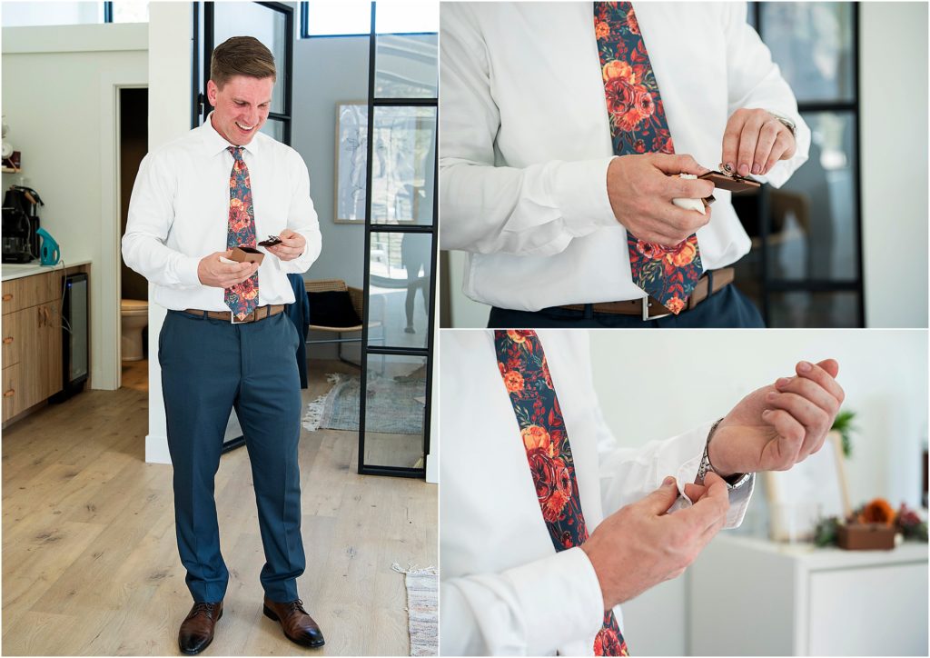 Alex receives cufflinks for his wedding day and puts them on while smiling.