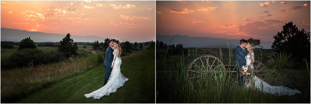 A bride and groom share a moment at sunset with mountain views and a bright orange and pink sky