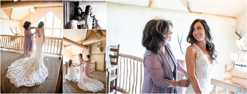 Olivia's mom helps her get dressed in her wedding gown