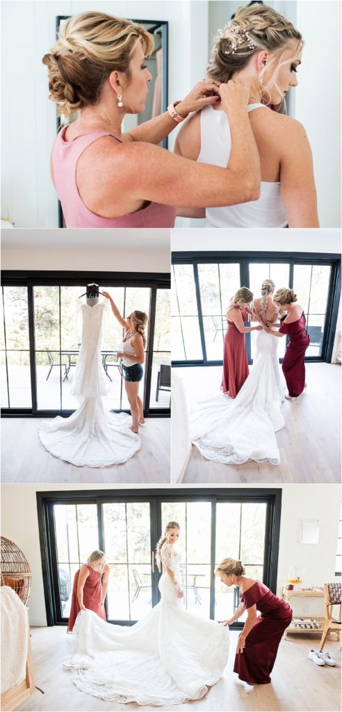 Paige gets dressed into wedding gown with help from her mother and a bridesmaid.