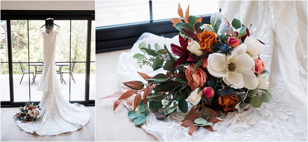 Fall inspired bridal bouquet lays next to Paige's dress as it hangs from large windows at Flying Horse Club
