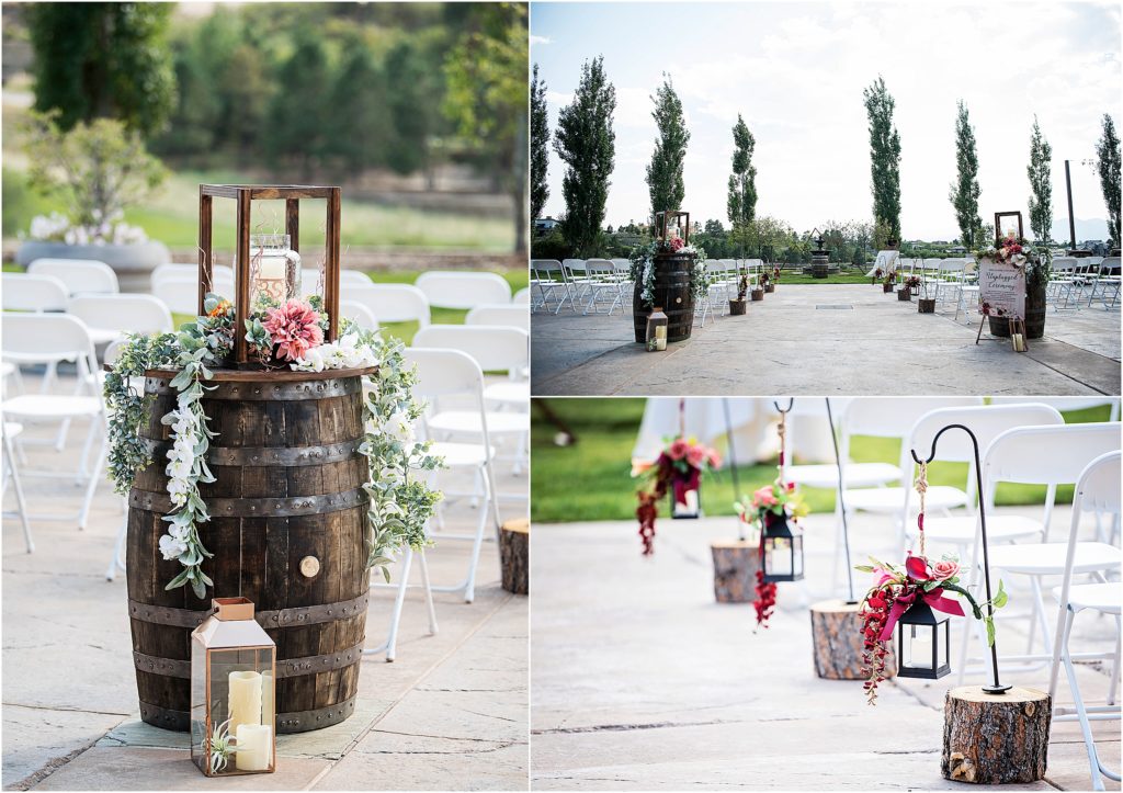 burgundy floral decorations at an outdoor wedding ceremony site in Colorado Springs