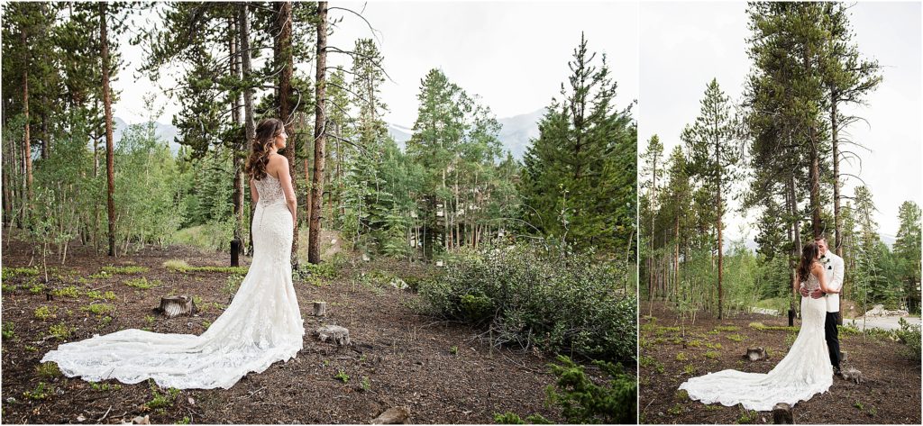 Olivia stands in her wedding dress looking out at the stunning Breckenridge scenery while her train drapes behind her. In a second image, Steve holds her and kisses her cheek.