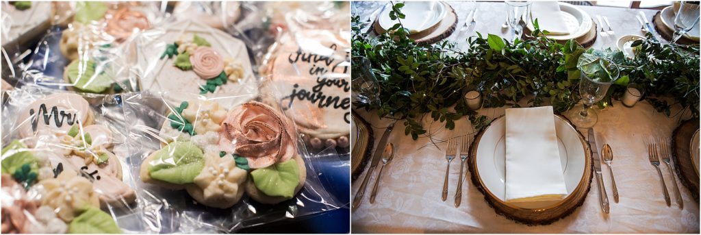 Wedding details including beautifully decorated cookies and elegant place setting