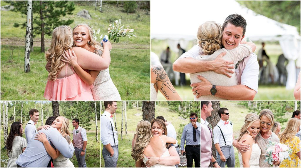 Bride and Groom embrace family and friends after their outdoor ceremony on private property in Colorado.