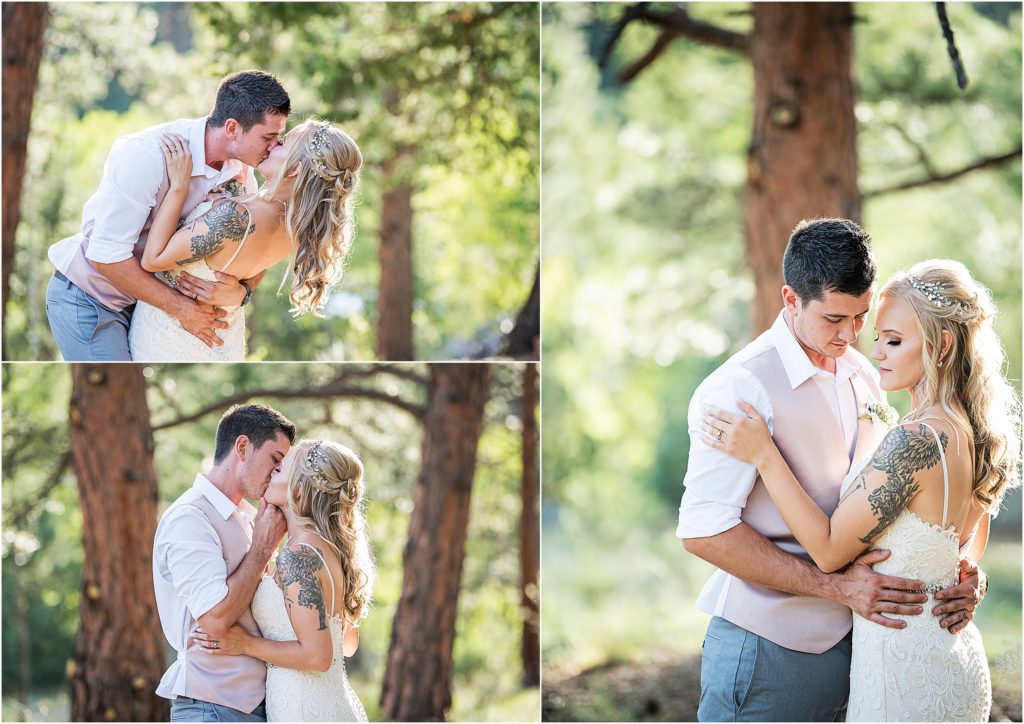 Bride and Groom share a romantic moment surrounded by evergreen trees in Colorado.