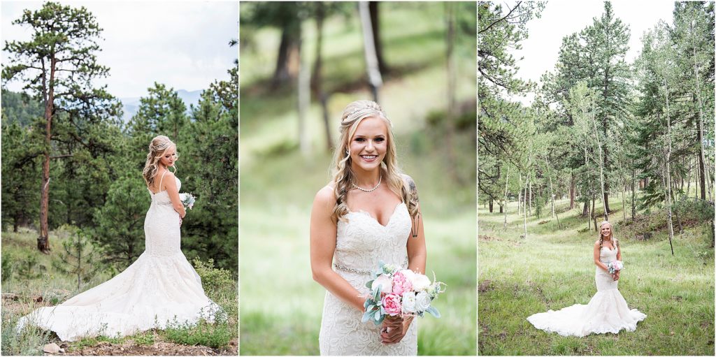 Bride in Colorado at outdoor wedding.