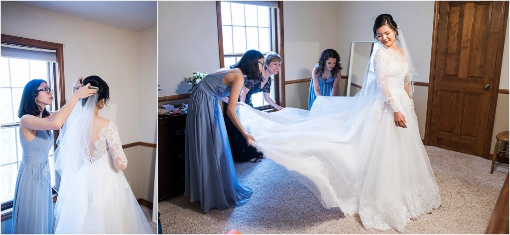 Bride's sister puts on her veil at a private residence in Colorado.