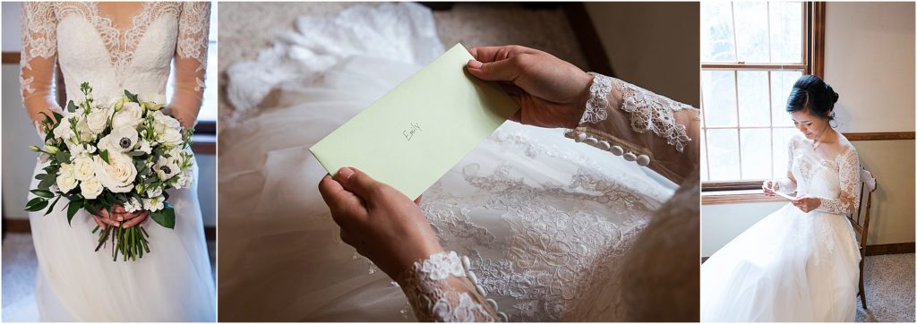 Bride reads note from groom before their wedding ceremony.