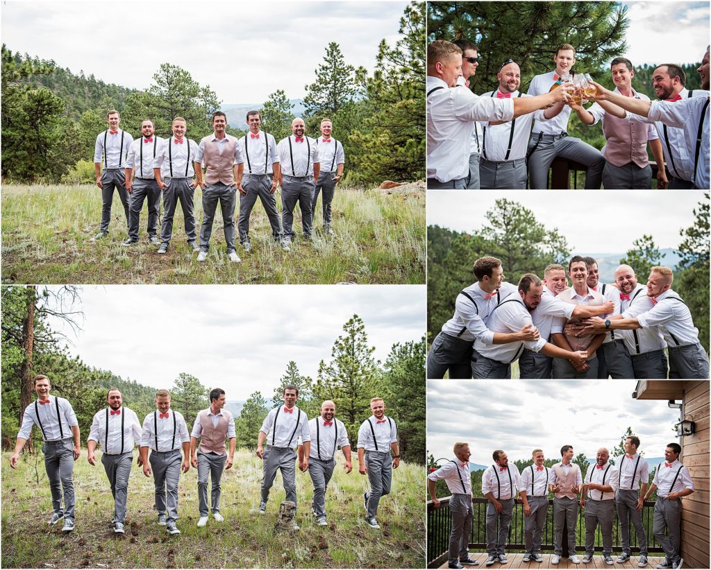 Groom and groomsmen dress casually and have a good time at outdoor wedding in Colorado