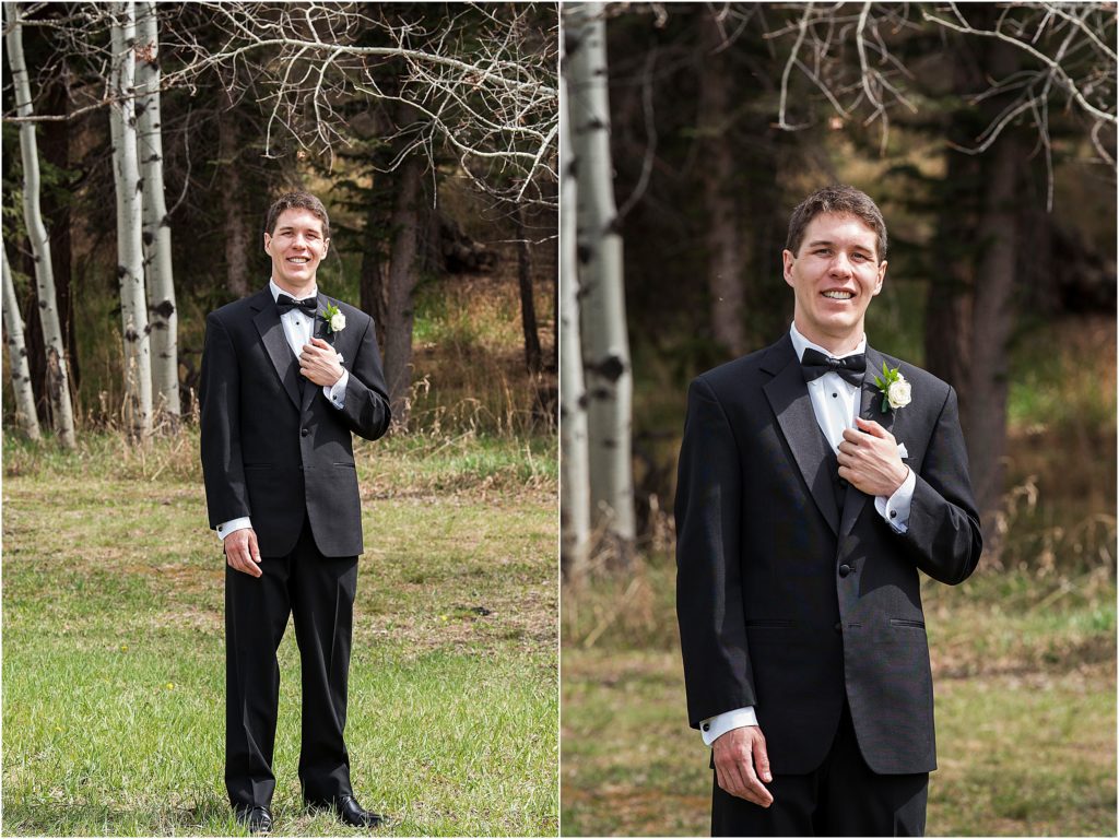 Groom in tuxedo at an outdoor wedding in colorado.