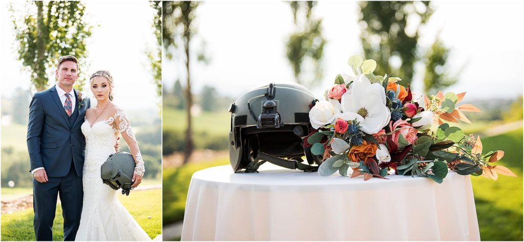 Military bride and helicopter pilot holds her helmet while standing next to her husband on her wedding day.