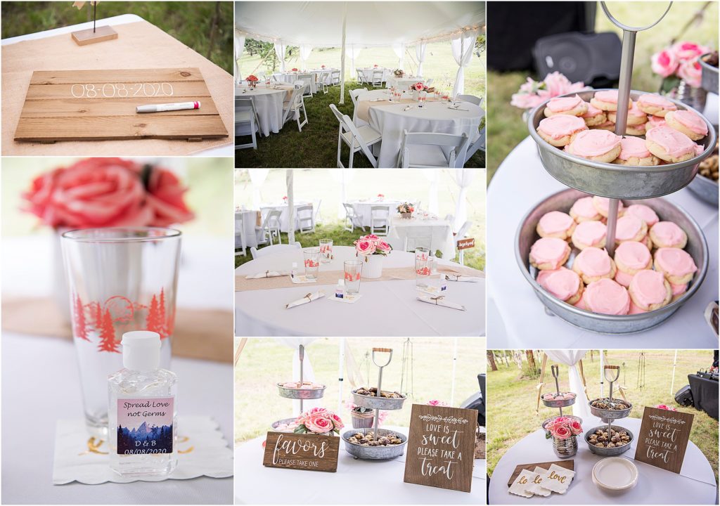 Outdoor reception decorations and sweets