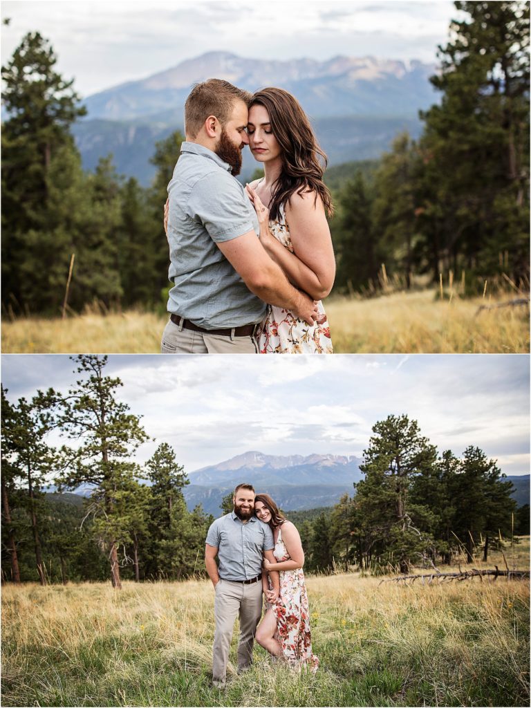 Taylor and Paige embrace and share a romantic moment with lovely mountain views in Colorado.