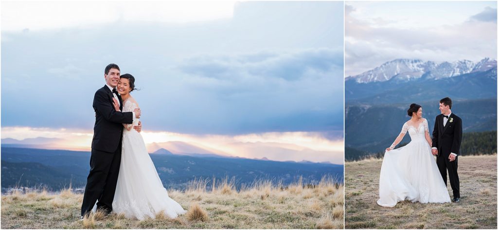 Cameron and Emily embrace and walk at sunset in Colorado with mountain views.