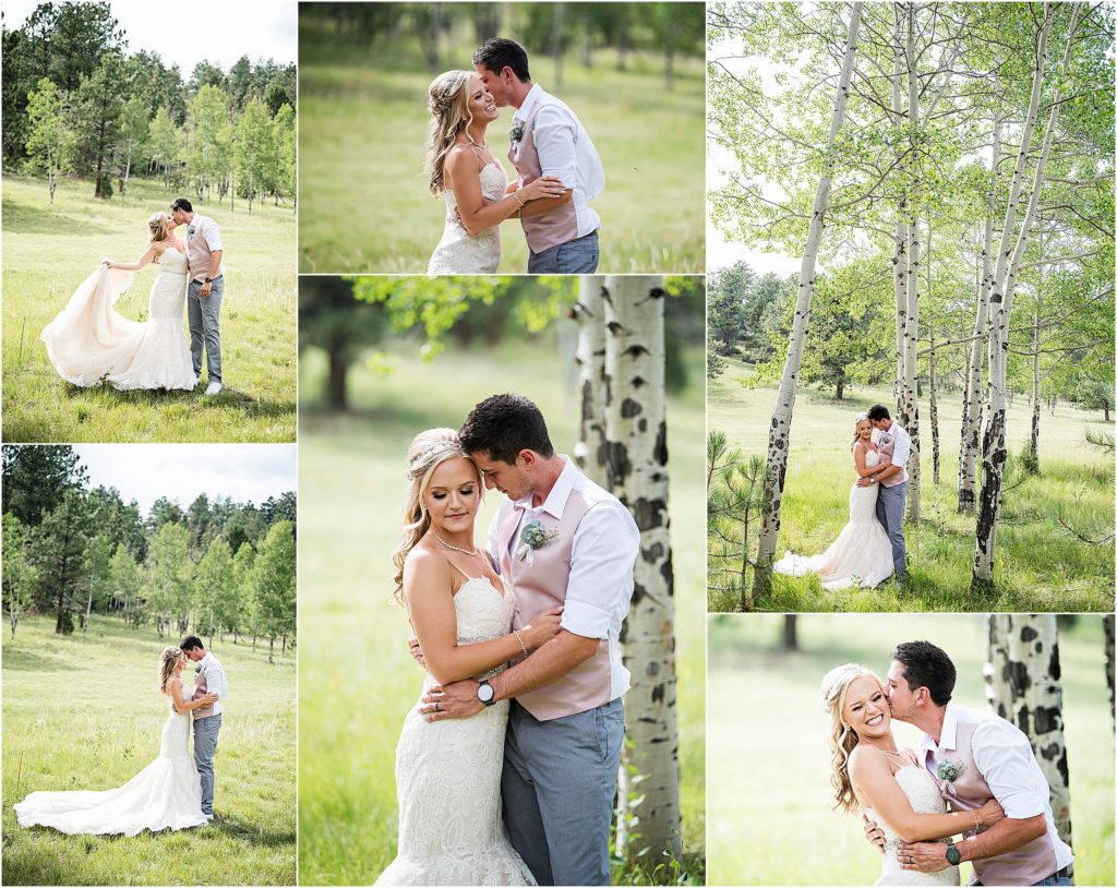 Derek and Breanda embrace and kiss and laugh as they take photos at their private property wedding in Colorado.