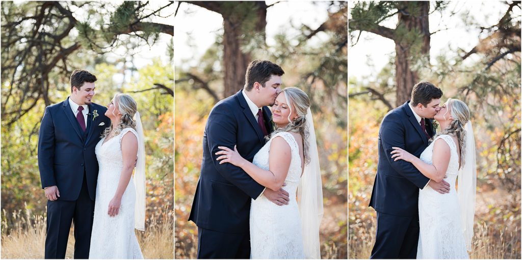 Josh and Sarah share a moment during their first look at their fall wedding in Colorado.