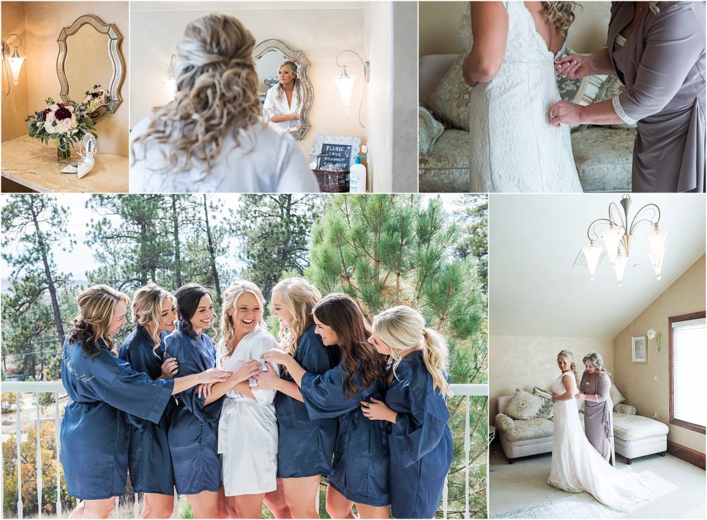 Bride gets ready with her bridesmaids on her wedding day.
