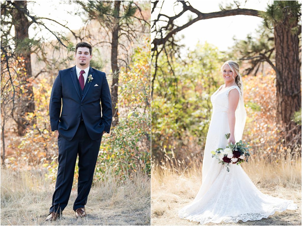 Josh and Sarah dressed in their wedding attire on their wedding day in colorado during autumn