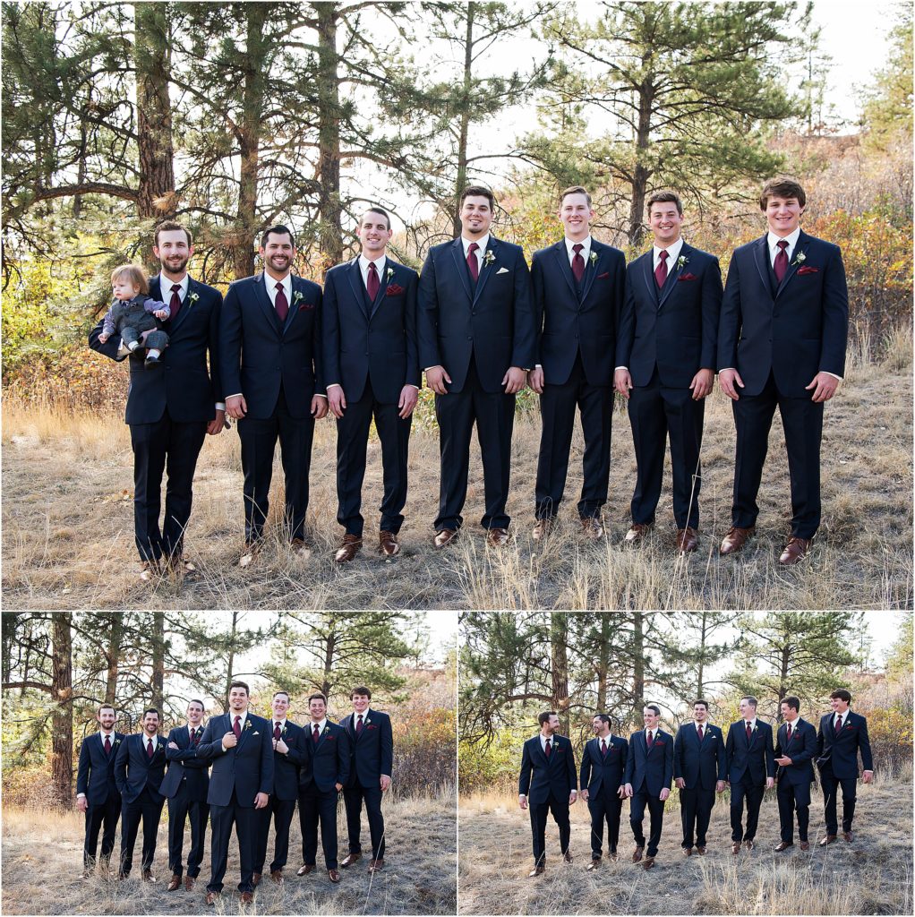 Groom and his groomsmen during autumn at Castle Pines