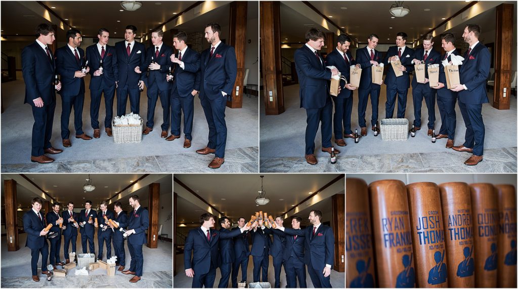 Groom shares gifts with groomsmen with a baseball theme.