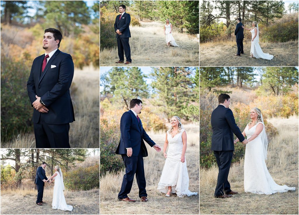 Josh and Sarah share a first look during their fall wedding at Cielo Pines in Castlerock, Colorado.