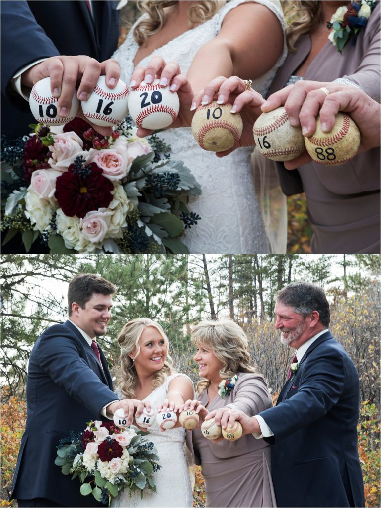 Josh and Sarah along with Sarah's parents share a wedding anniversary date and they have recorded them on baseballs, together they hold them for display.