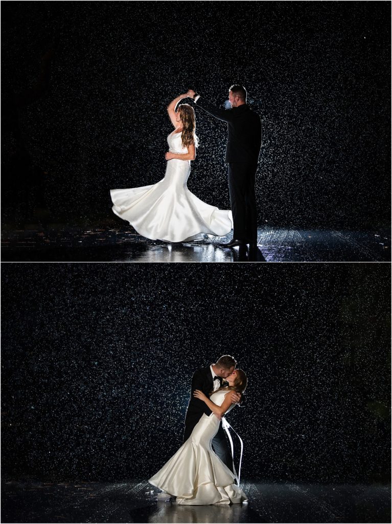 Josh and Lacy dance in the rain at night after their wedding.