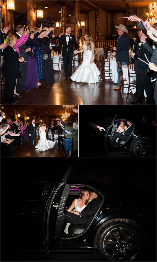 Lacy and Josh exit their wedding reception while guests wave glow sticks.
