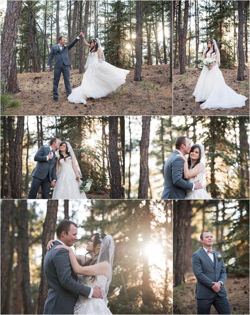 Bride and groom dance and kiss in a forest on their wedding day