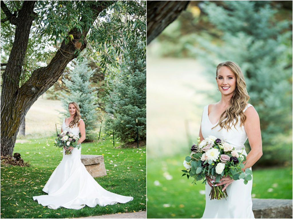 Lacy on her wedding day, dressed in her gown with her stunning bouquet.