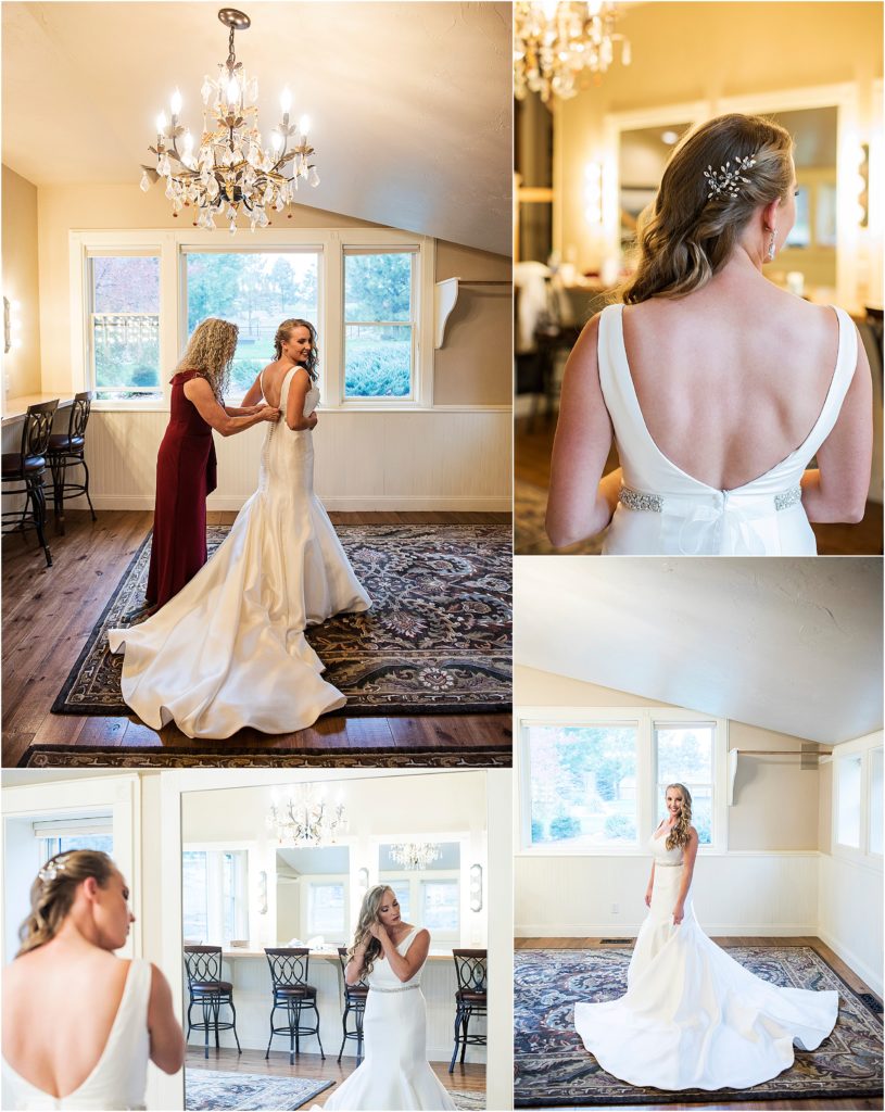 Bride getting dressed for her wedding day.