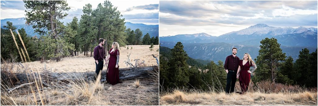 Andrew and Martha wear formal clothes during their mountain engagement session