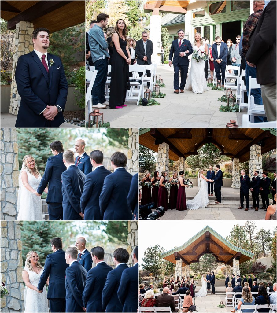 Bride and groom share wedding vows during their fall colorado ceremony