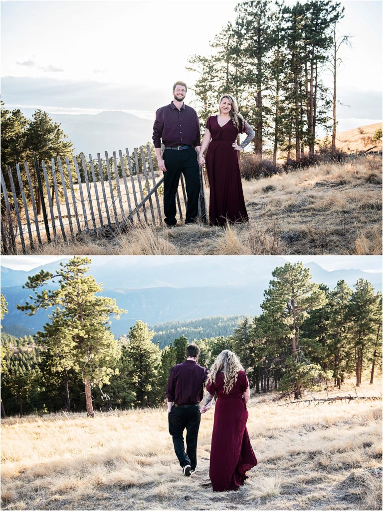 Andrew and Martha stand and walk together with mountain views and evergreen trees all around