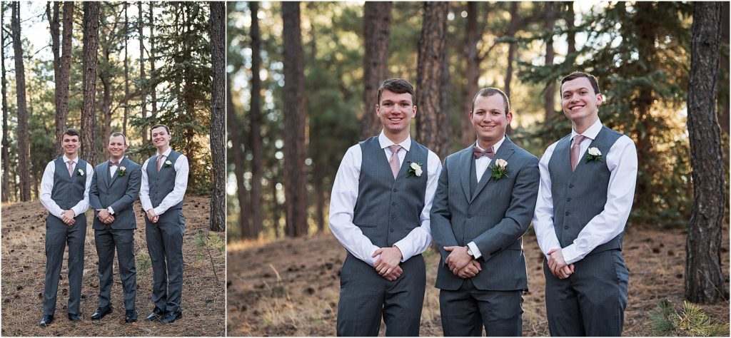 Ryan stands with his groomsmen at a forest in Colorado