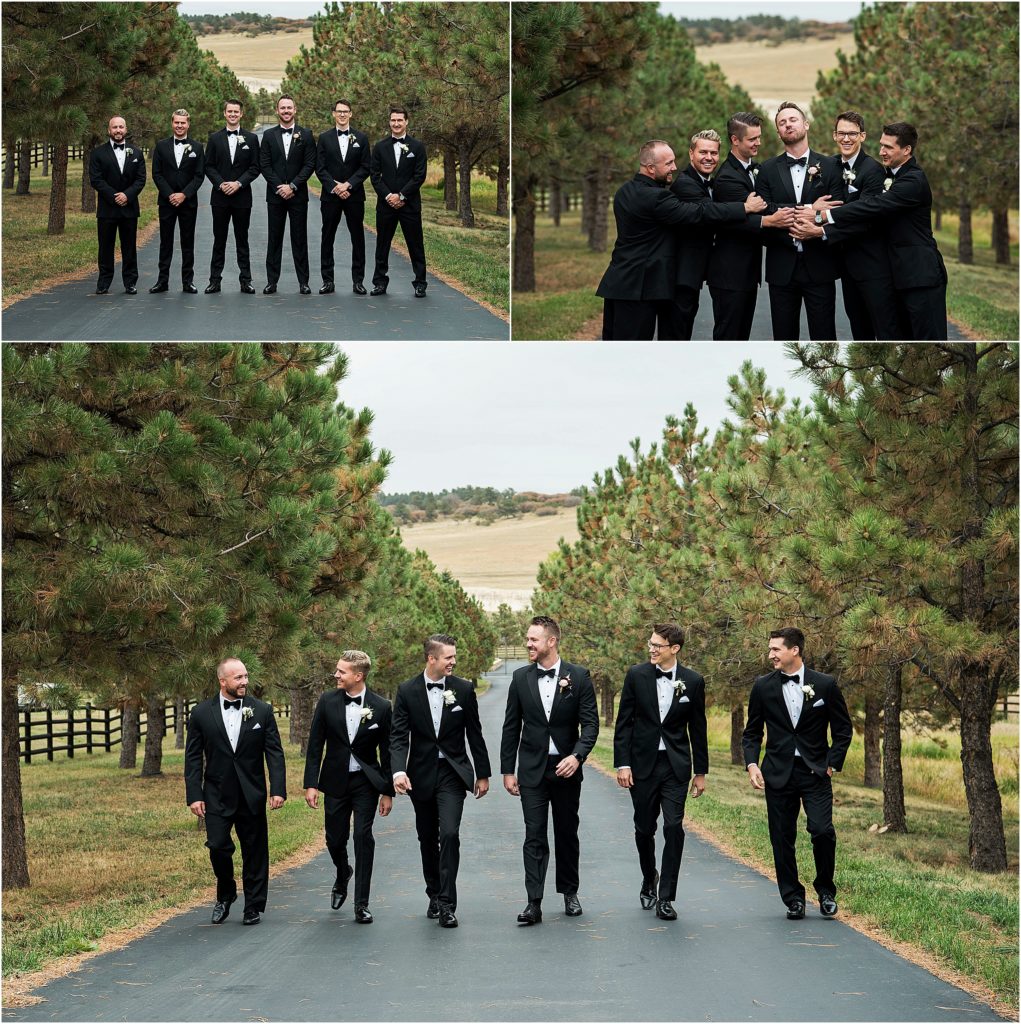 Josh and his groomsmen stand together on Josh's wedding day at Spruce Mountain Ranch.