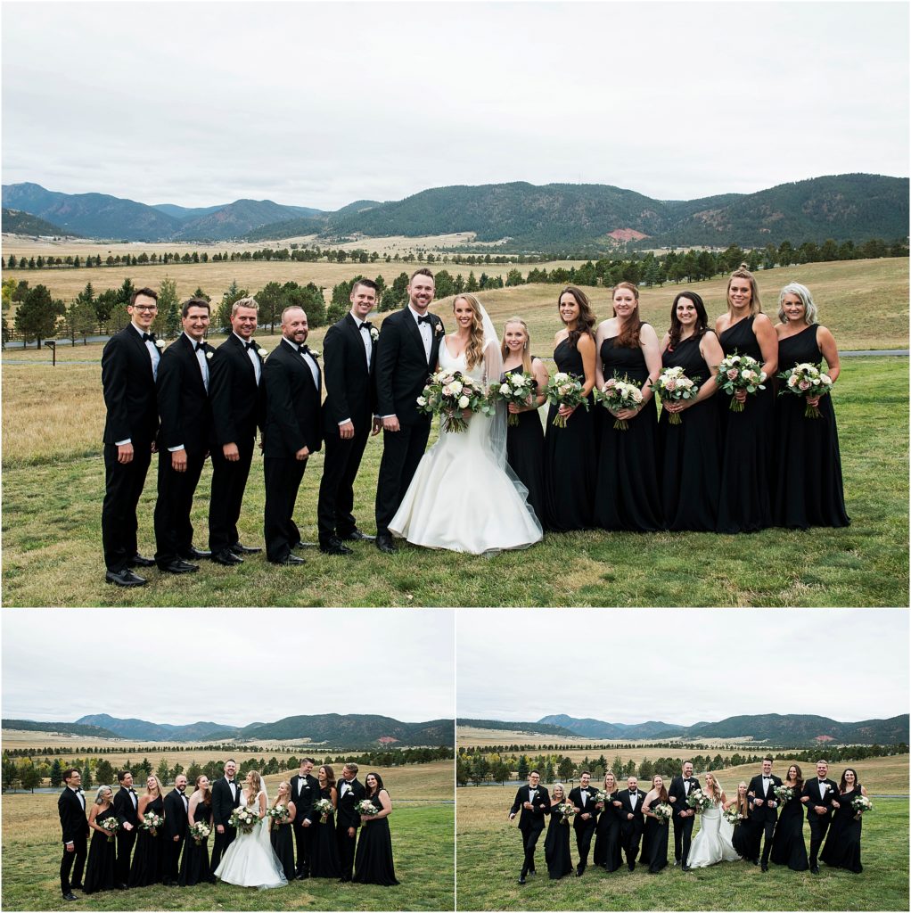Josh and Lacy stand with their large bridal party at Spruce Mountain Ranch in Colorado.