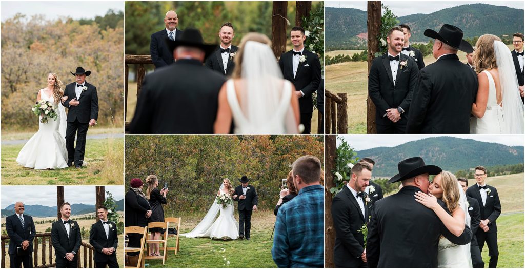 Lacy and Josh make eye contact while Lacy walks down the aisle on her wedding day at Spruce Mountain Ranch.